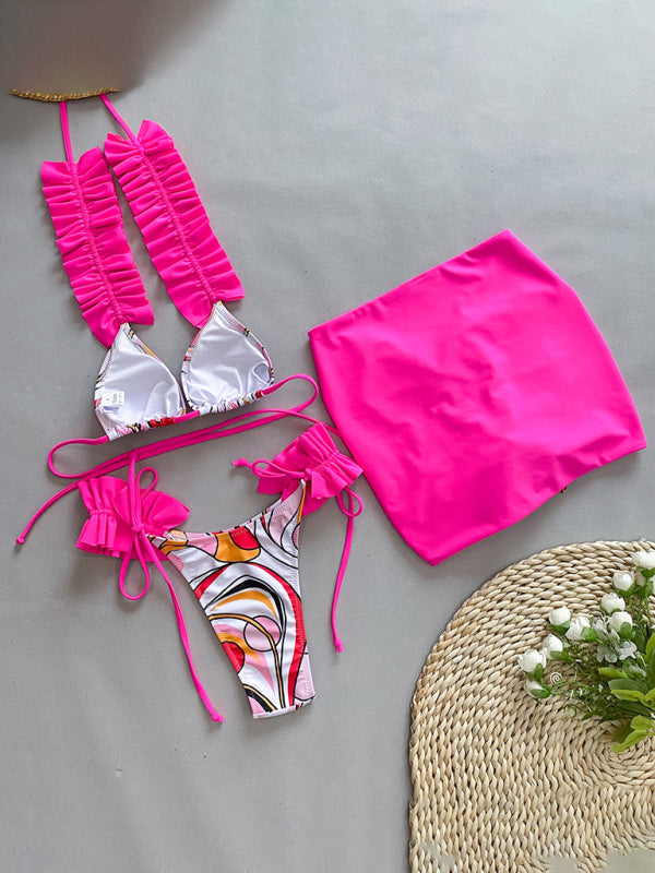Blue Zone Planet |  three-piece bikini ruffled edge split swimsuit BLUE ZONE PLANET