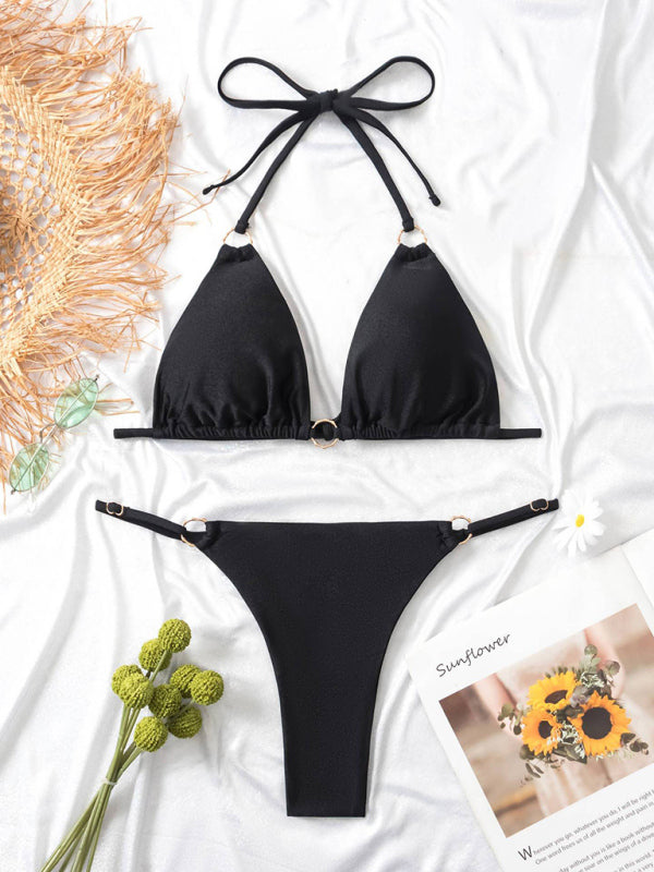 Blue Zone Planet |  metal ring beach strap spaghetti strap two-piece bikini BLUE ZONE PLANET