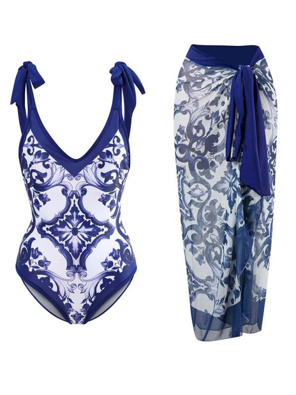 Blue Zone Planet | Beach wrap skirt spaghetti strap one-piece bikini kakaclo