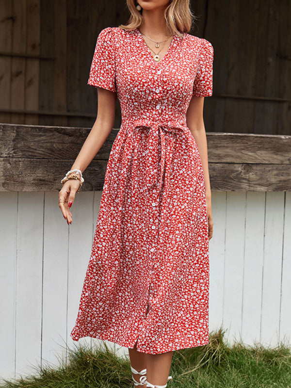 v-neck floral slit short-sleeved dress BLUE ZONE PLANET