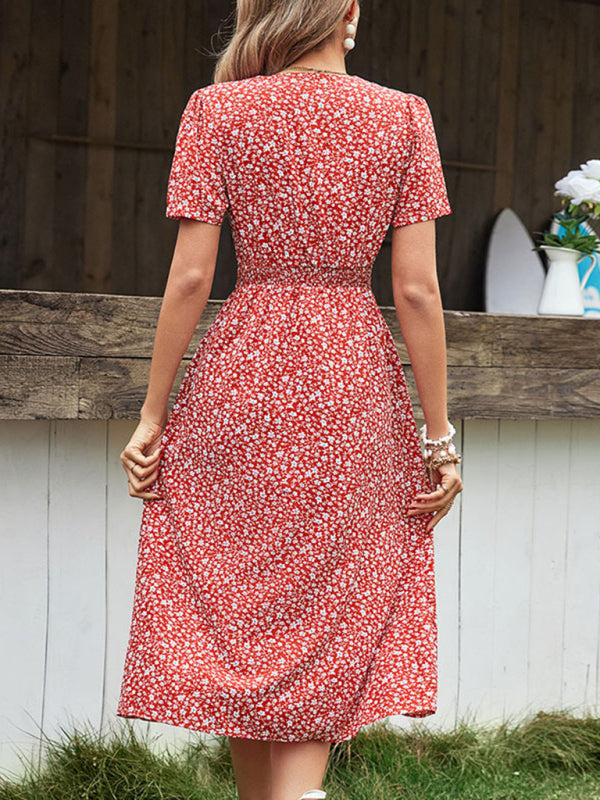 v-neck floral slit short-sleeved dress BLUE ZONE PLANET