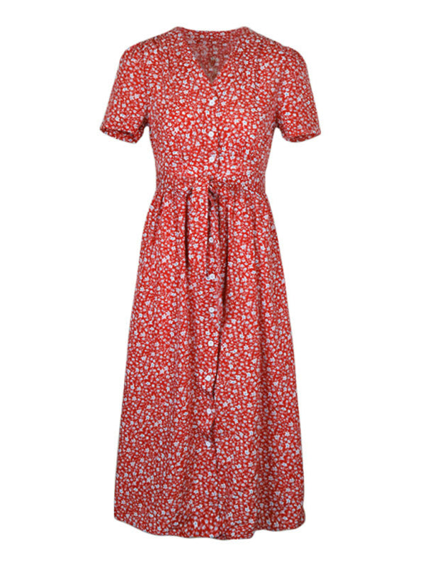 v-neck floral slit short-sleeved dress BLUE ZONE PLANET