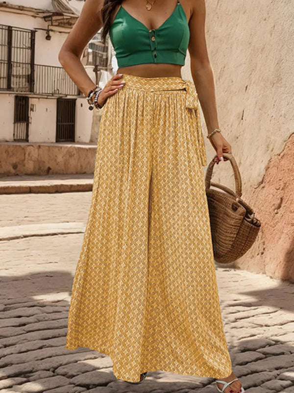 lace-up high-waisted printed wide-leg trousers-[Adult]-[Female]-2022 Online Blue Zone Planet