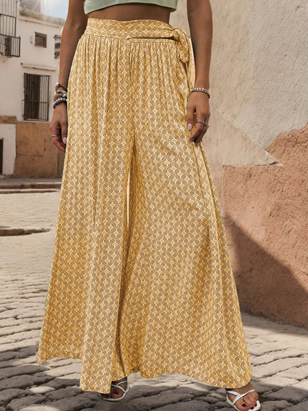 lace-up high-waisted printed wide-leg trousers-[Adult]-[Female]-2022 Online Blue Zone Planet