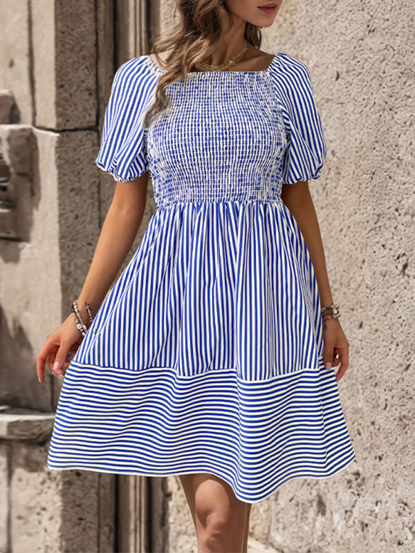 puff sleeve striped skirt lapel short sleeve strappy backless dress BLUE ZONE PLANET