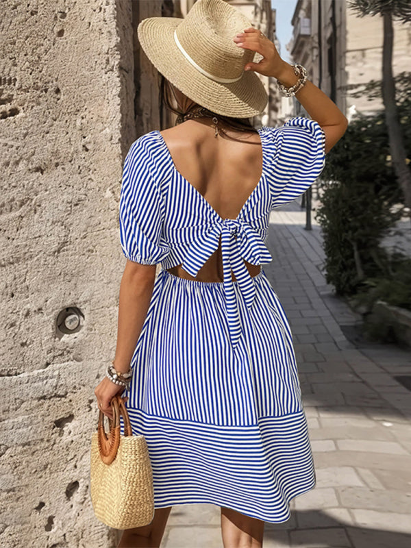puff sleeve striped skirt lapel short sleeve strappy backless dress BLUE ZONE PLANET