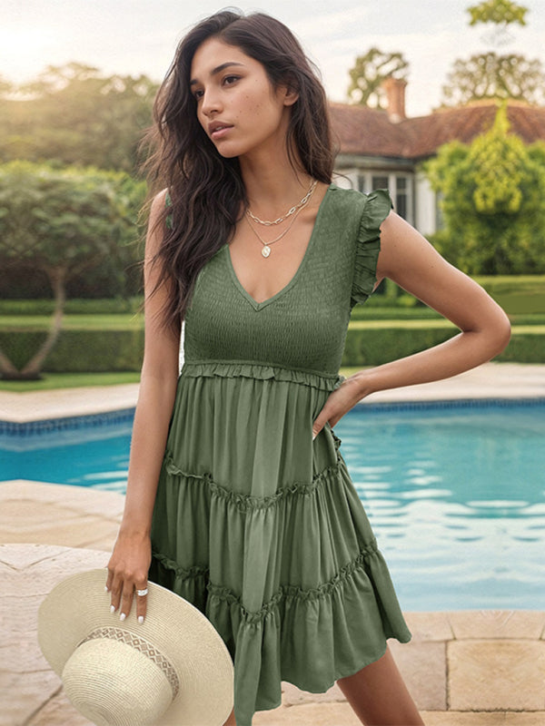Blue Zone Planet |  solid color v-neck ruffle dress BLUE ZONE PLANET