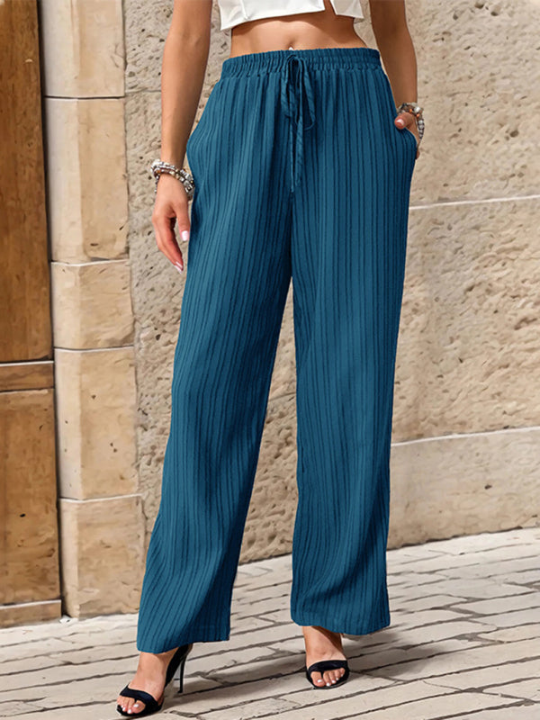 Pleated Textured Elastic Straight Pants-[Adult]-[Female]-Blue-S-2022 Online Blue Zone Planet