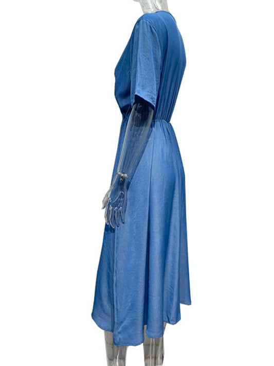 Blue Zone Planet |  short-sleeved V-neck waist solid color high-end dress without belt BLUE ZONE PLANET
