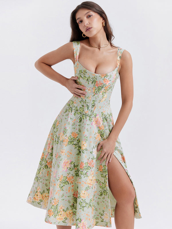 Blue Zone Planet |  Slim Spaghetti Strap Slit Floral Dress BLUE ZONE PLANET