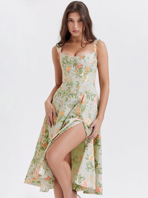 Blue Zone Planet |  Slim Spaghetti Strap Slit Floral Dress BLUE ZONE PLANET