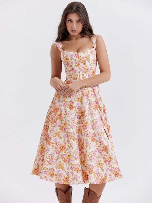 Blue Zone Planet |  Slim Spaghetti Strap Slit Floral Dress BLUE ZONE PLANET