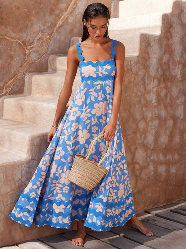 Blue Zone Planet |  spaghetti strap long printed long dress BLUE ZONE PLANET