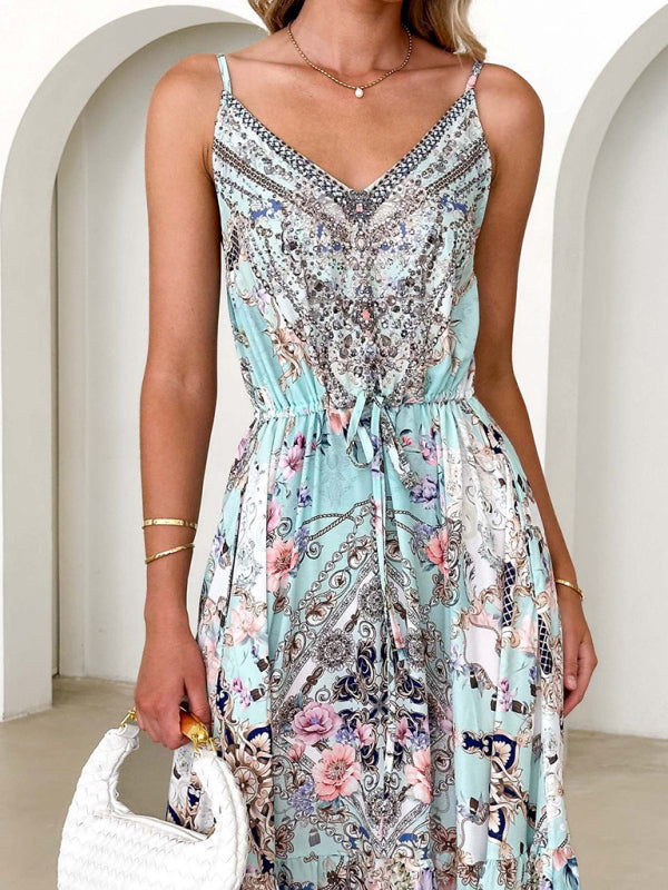 Blue Zone Planet |  V-neck printed spaghetti strap long dress BLUE ZONE PLANET