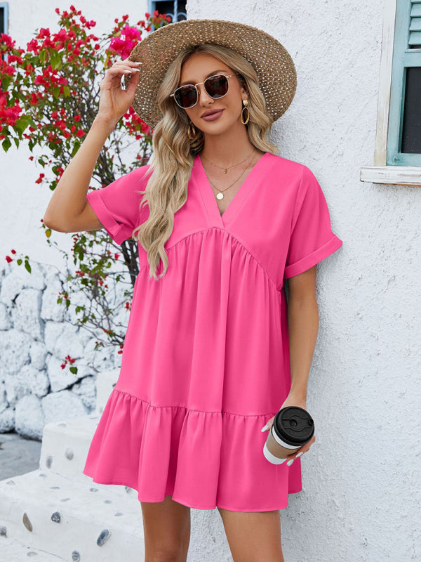 Blue Zone Planet | V-neck solid color short-sleeved pleated loose dress BLUE ZONE PLANET