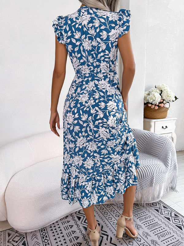 Women's printed V-neck floral waistband holiday dress-[Adult]-[Female]-2022 Online Blue Zone Planet