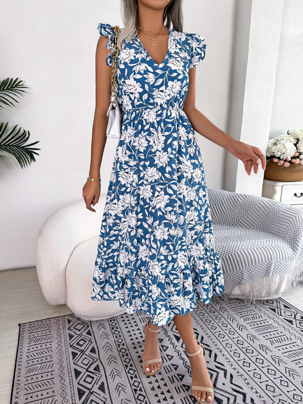 Women's printed V-neck floral waistband holiday dress-[Adult]-[Female]-2022 Online Blue Zone Planet