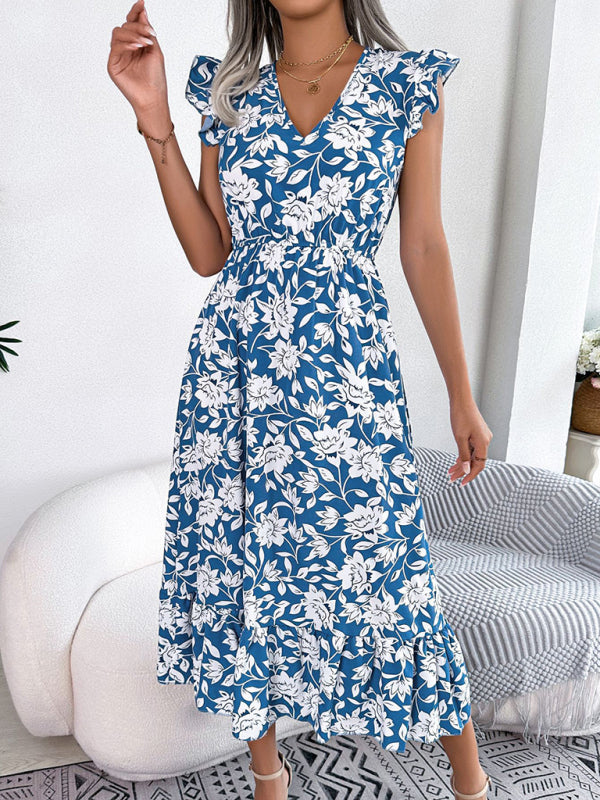 Women's printed V-neck floral waistband holiday dress-[Adult]-[Female]-2022 Online Blue Zone Planet