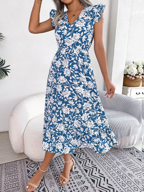 Women's printed V-neck floral waistband holiday dress-[Adult]-[Female]-2022 Online Blue Zone Planet