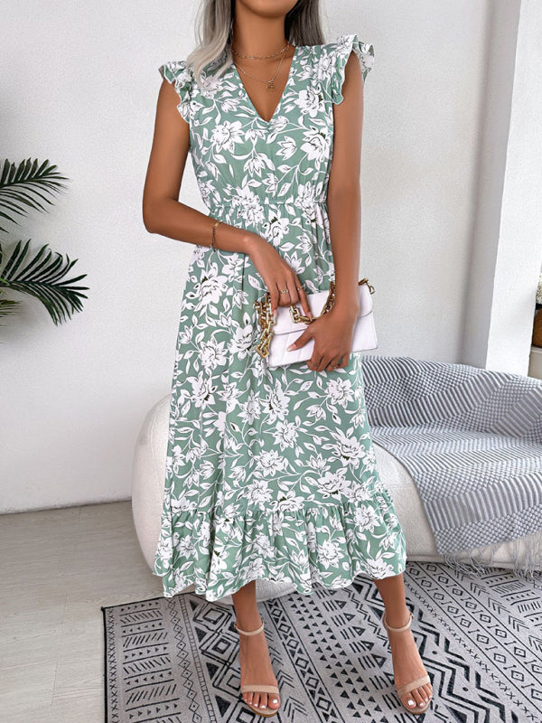 Women's printed V-neck floral waistband holiday dress-[Adult]-[Female]-Green-S-2022 Online Blue Zone Planet
