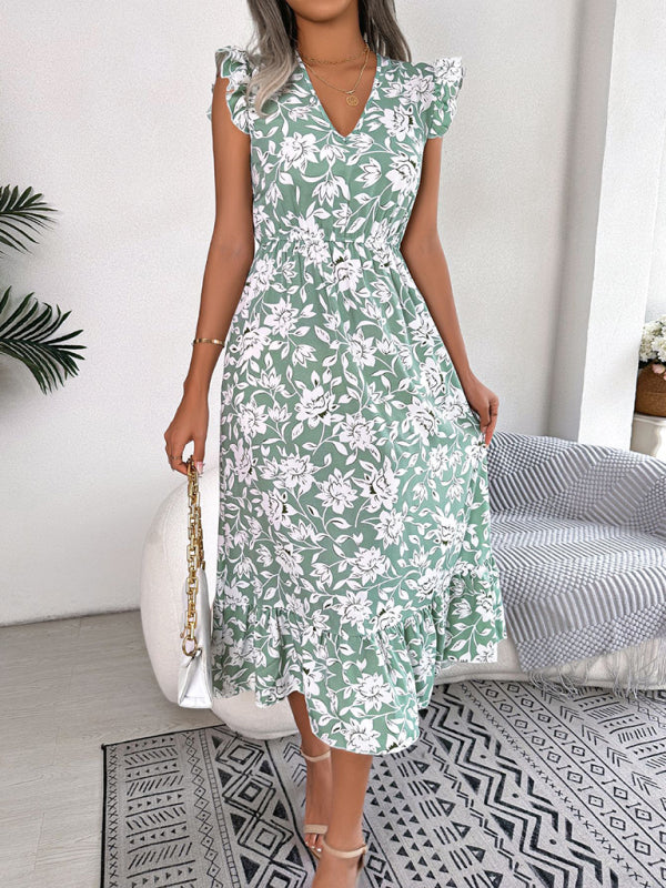 Women's printed V-neck floral waistband holiday dress-[Adult]-[Female]-2022 Online Blue Zone Planet