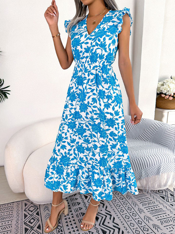 Women's printed V-neck floral waistband holiday dress-[Adult]-[Female]-2022 Online Blue Zone Planet
