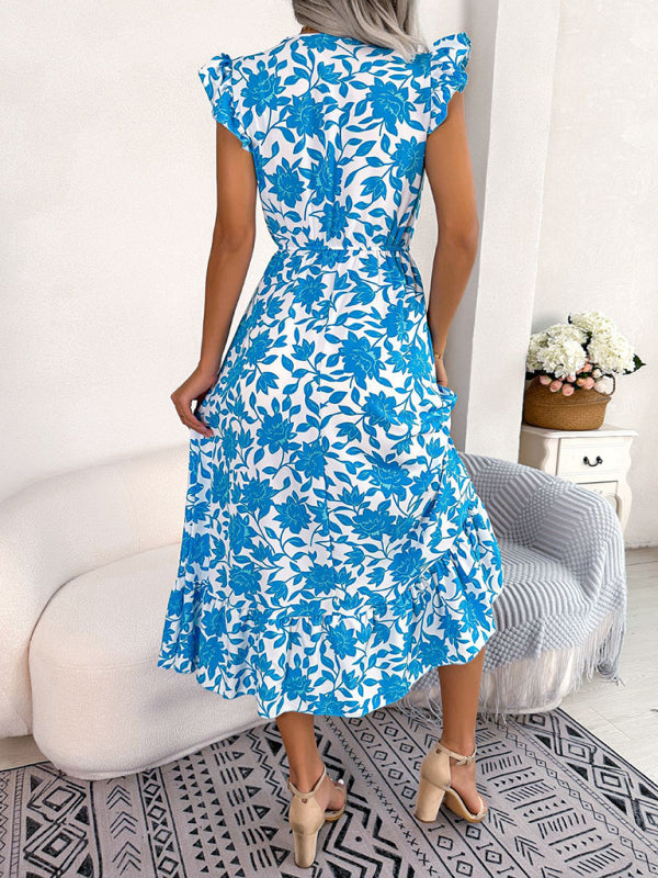 Women's printed V-neck floral waistband holiday dress-[Adult]-[Female]-2022 Online Blue Zone Planet
