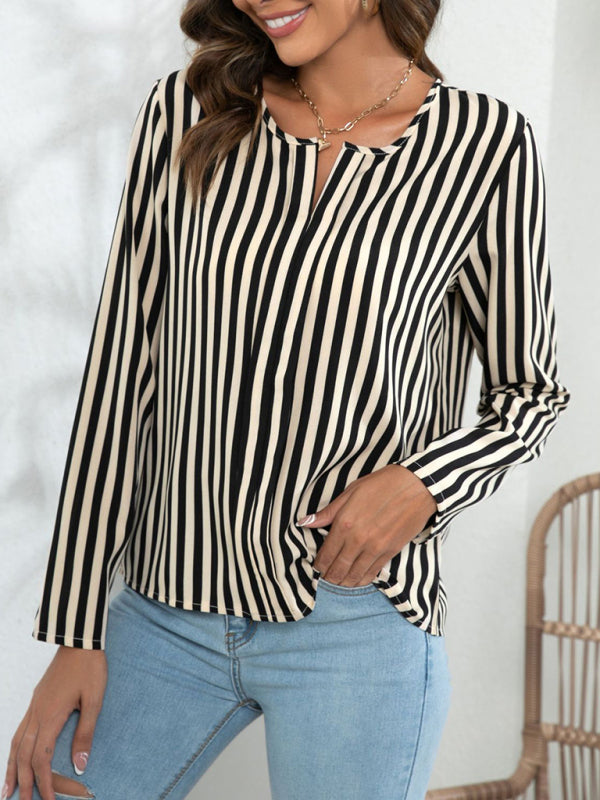 Autumn's Striped Round Neck Blouse Blue Zone Planet