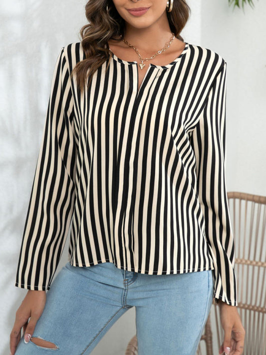 Autumn's Striped Round Neck Blouse Blue Zone Planet