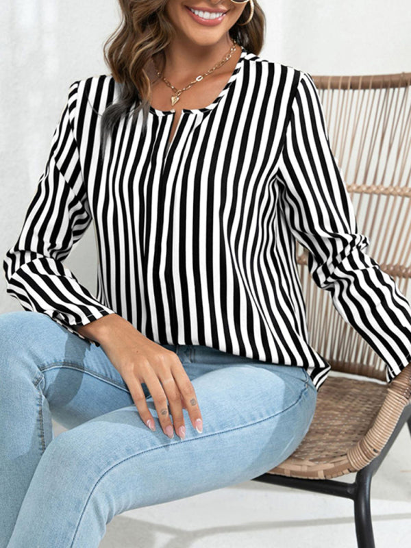 Autumn's Striped Round Neck Blouse Blue Zone Planet
