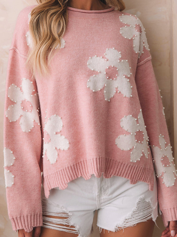 Drop Shoulder Floral Pearl Loose Sweater Blue Zone Planet