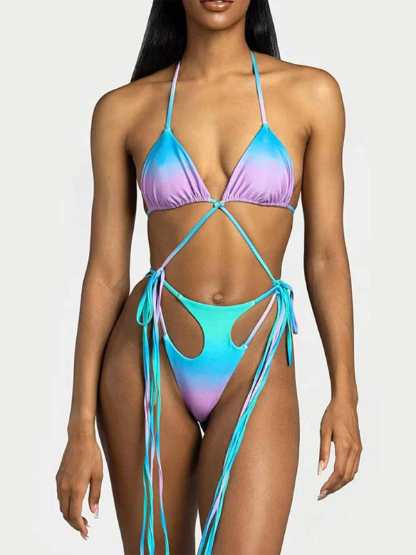 Women's new bikini gradient hollow fringed one-piece swimsuit kakaclo