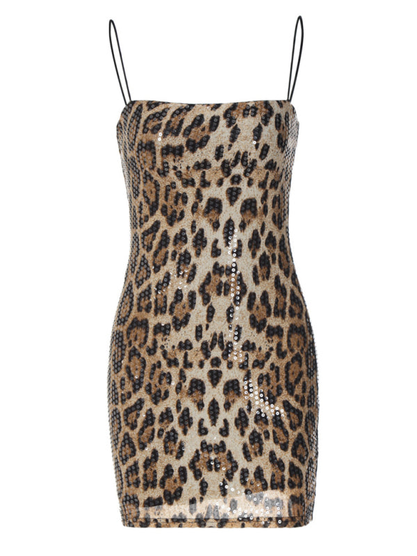 New Fashionable Leopard Print Street Versatile Suspender Sequin Dress kakaclo