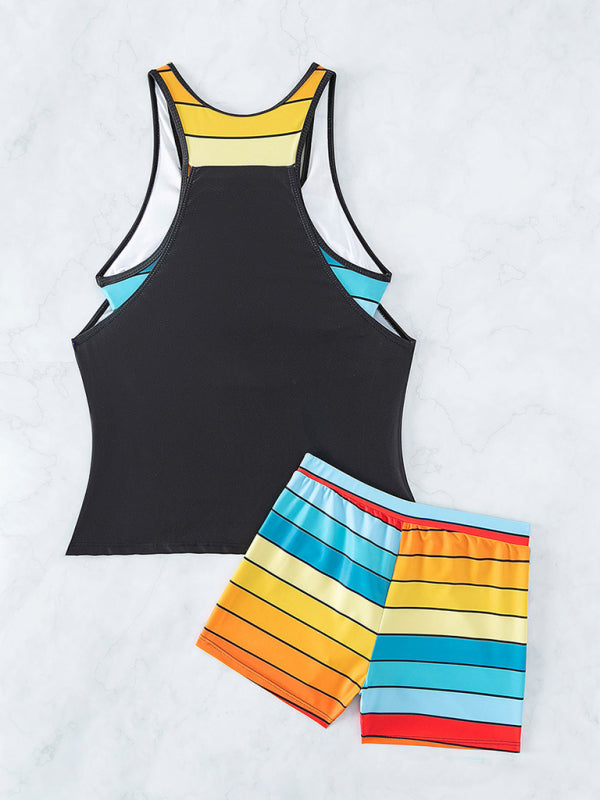 Beach Spa Vacation Boxer Vest Sports Contrast Color Swimsuit Suit-TOPS / DRESSES-[Adult]-[Female]-2022 Online Blue Zone Planet