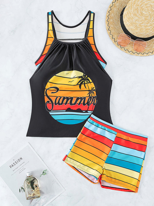 Beach Spa Vacation Boxer Vest Sports Contrast Color Swimsuit Suit-TOPS / DRESSES-[Adult]-[Female]-2022 Online Blue Zone Planet