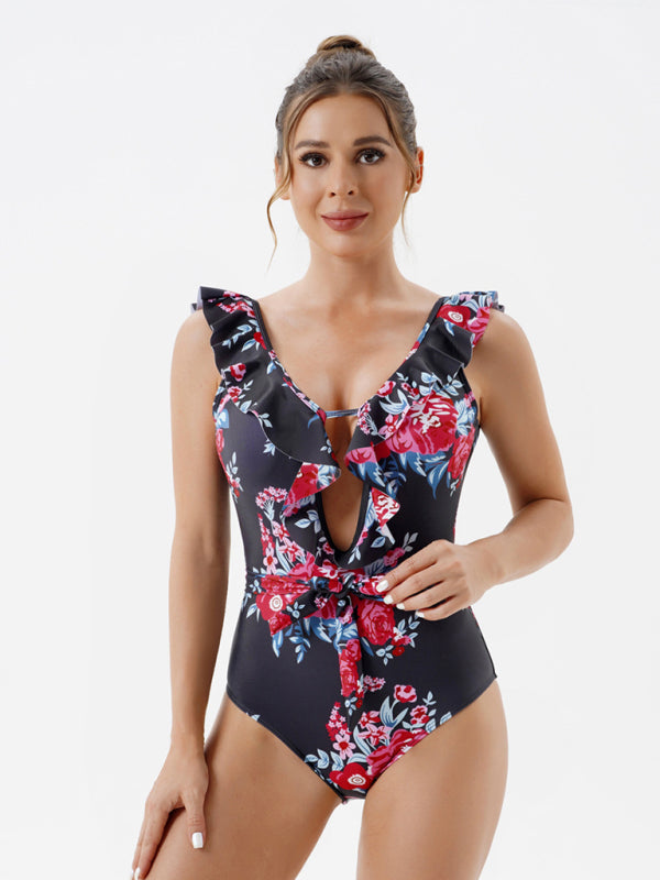 Skinny Backless Floral Print One Piece Swimsuit-TOPS / DRESSES-[Adult]-[Female]-2022 Online Blue Zone Planet