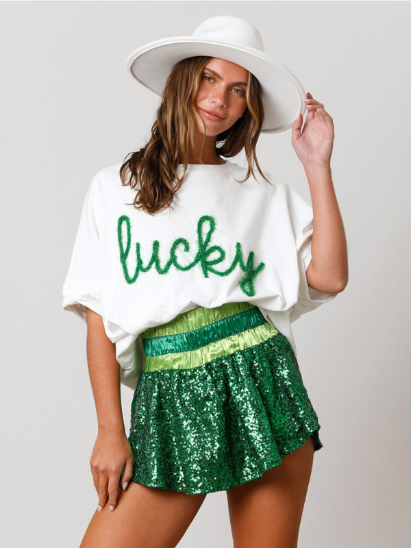 St. Patrick's sequin top loose T-shirt BLUE ZONE PLANET