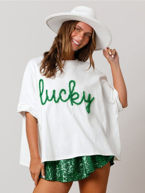 St. Patrick's sequin top loose T-shirt BLUE ZONE PLANET