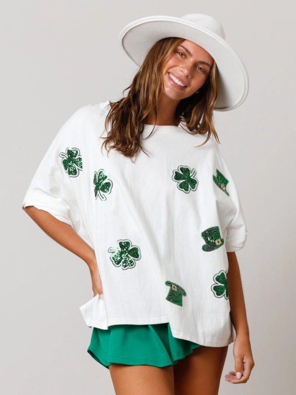 St. Patrick's four-leaf clover sequined top loose T-shirt BLUE ZONE PLANET