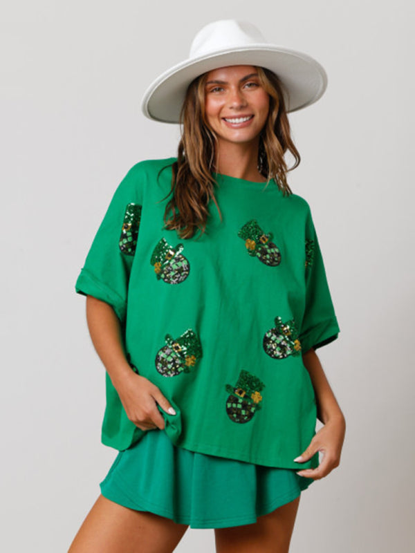 St. Patrick's lucky hat sequined top loose T-shirt BLUE ZONE PLANET