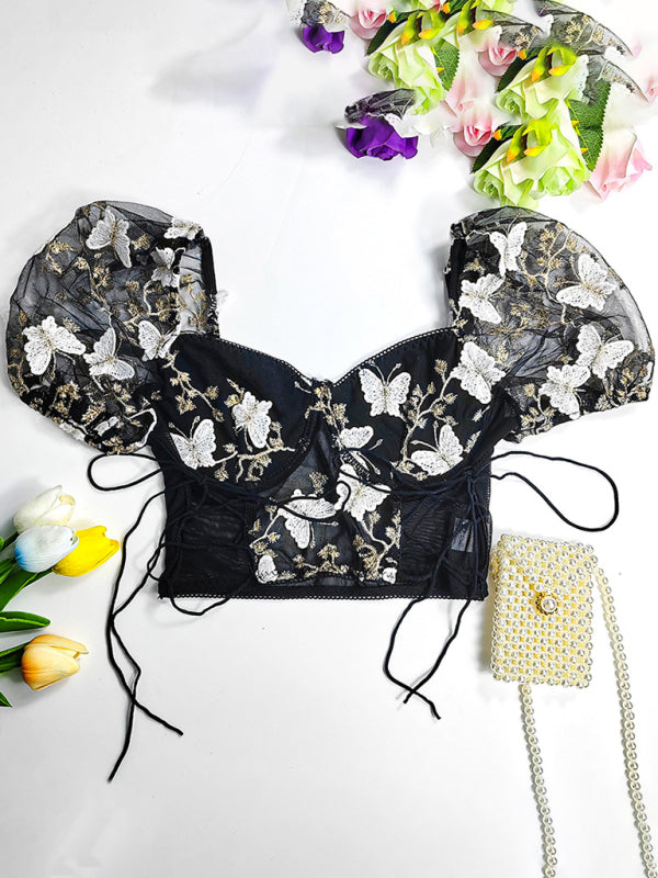 Blue Zone Planet |  Puff sleeve floral navel cropped top BLUE ZONE PLANET