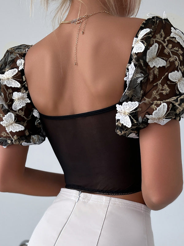 Blue Zone Planet |  Puff sleeve floral navel cropped top BLUE ZONE PLANET