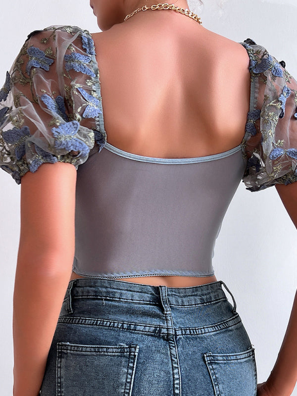 Blue Zone Planet |  Puff sleeve floral navel cropped top BLUE ZONE PLANET