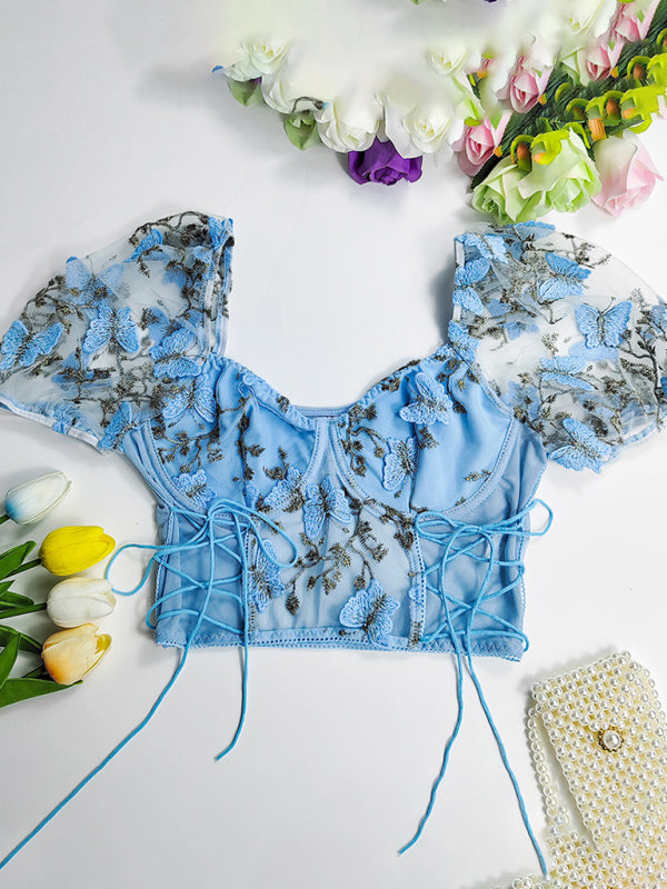 Blue Zone Planet |  Puff sleeve floral navel cropped top BLUE ZONE PLANET
