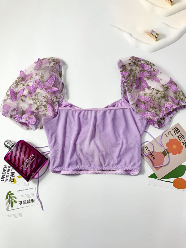 Blue Zone Planet |  Puff sleeve floral navel cropped top BLUE ZONE PLANET