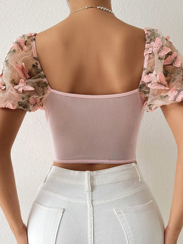 Blue Zone Planet |  Puff sleeve floral navel cropped top BLUE ZONE PLANET