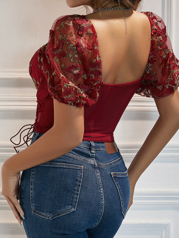 Blue Zone Planet |  Puff sleeve floral navel cropped top BLUE ZONE PLANET