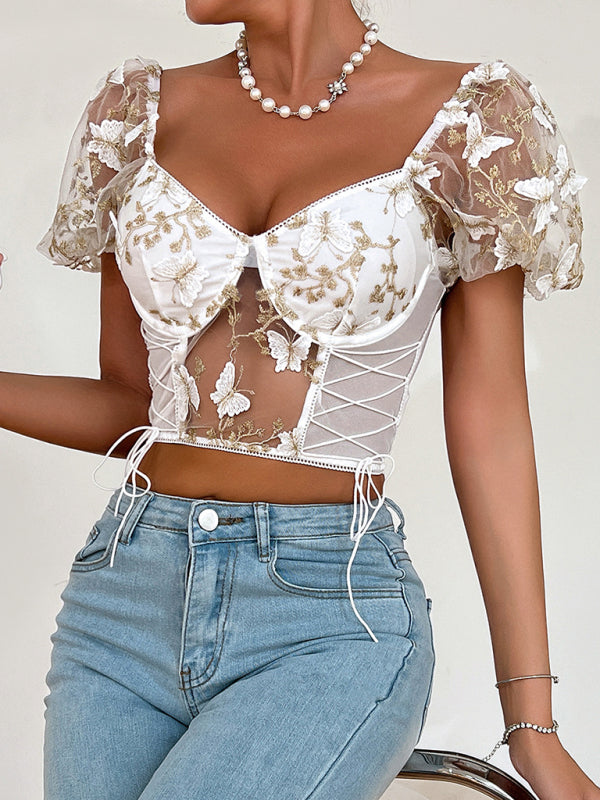 Blue Zone Planet |  Puff sleeve floral navel cropped top BLUE ZONE PLANET