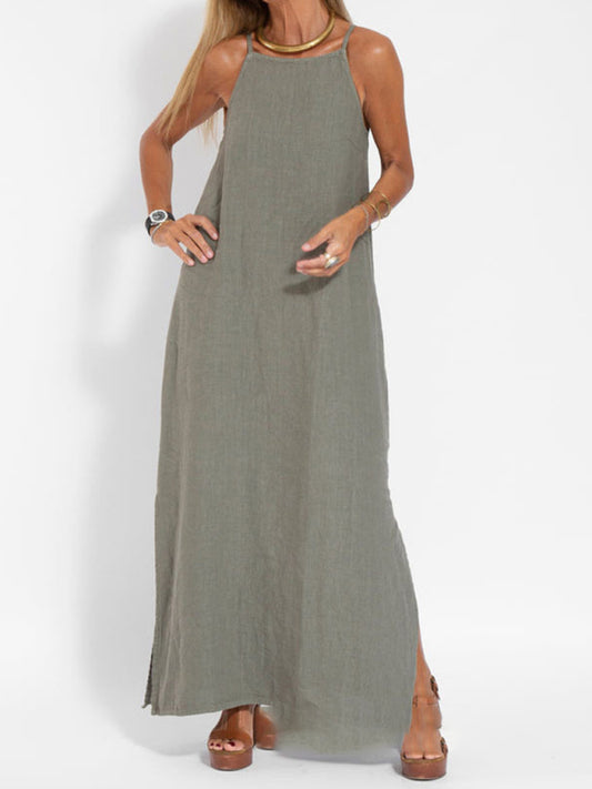 Blue Zone Planet |  Zoe's Cotton-Linen Slit Spaghetti Strap Maxi Dress BLUE ZONE PLANET