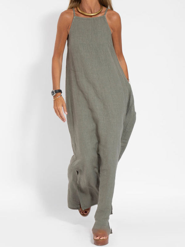 Blue Zone Planet |  Zoe's Cotton-Linen Slit Spaghetti Strap Maxi Dress BLUE ZONE PLANET